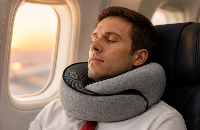 Reisende schlafen mit FlyNap-Nackenkissen in einem Flugzeug